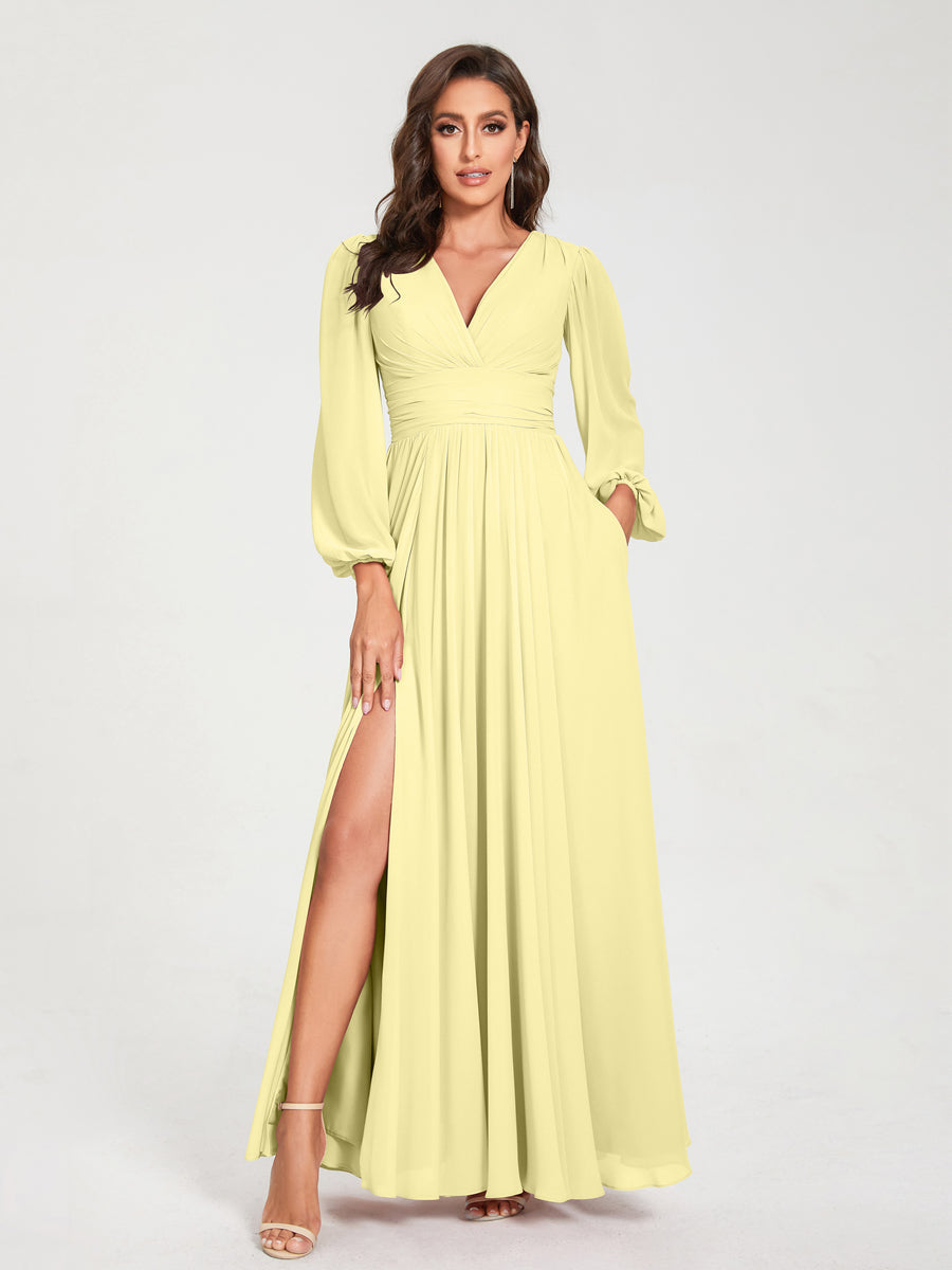 2026 Bridesmaid Dresses Chiffon A-Line V-Neck Long Sleeves Floor-Length Formal Wedding Party Evening Gowns with Split Side & Pocket, Light Pink 2026 Bridesmaid Dresses Chiffon A-Line V-Neck Long Sleeves Floor-Length Formal Wedding Party Evening Gowns with Split Side & Pocket, Light Pink