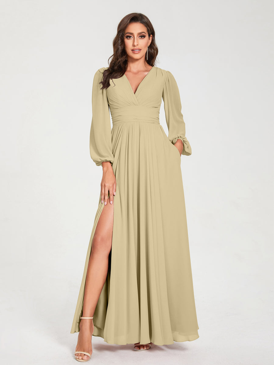 long bridesmaid dresses long sleeve Dusty Blue Chiffon Long Sleeves Bridesmaid Dresses, BD133