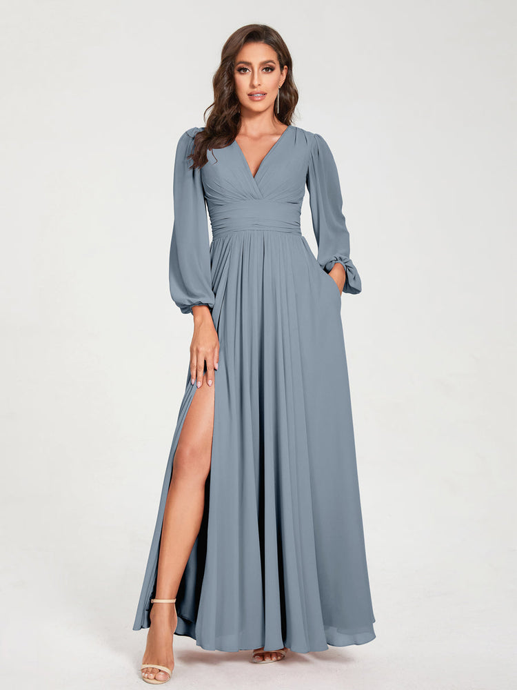 A-Line/Princess V-Neck Long Sleeves Floor-Length Bridesmaid Dresses with Pockets & Split Side Dusty Blue A-Line/Princess V-Neck Long Sleeves Floor-Length Bridesmaid Dresses with Pockets & Split Side Dusty Blue