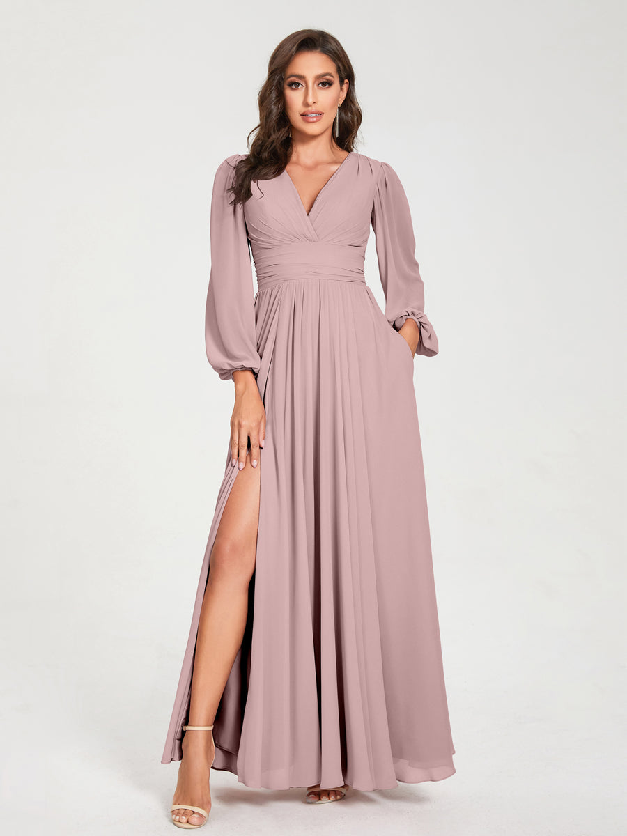 A-Line/Princess V-Neck Long Sleeves Floor-Length Bridesmaid Dresses with Pockets & Split Side Dusty Pink A-Line/Princess V-Neck Long Sleeves Floor-Length Bridesmaid Dresses with Pockets & Split Side Dusty Pink