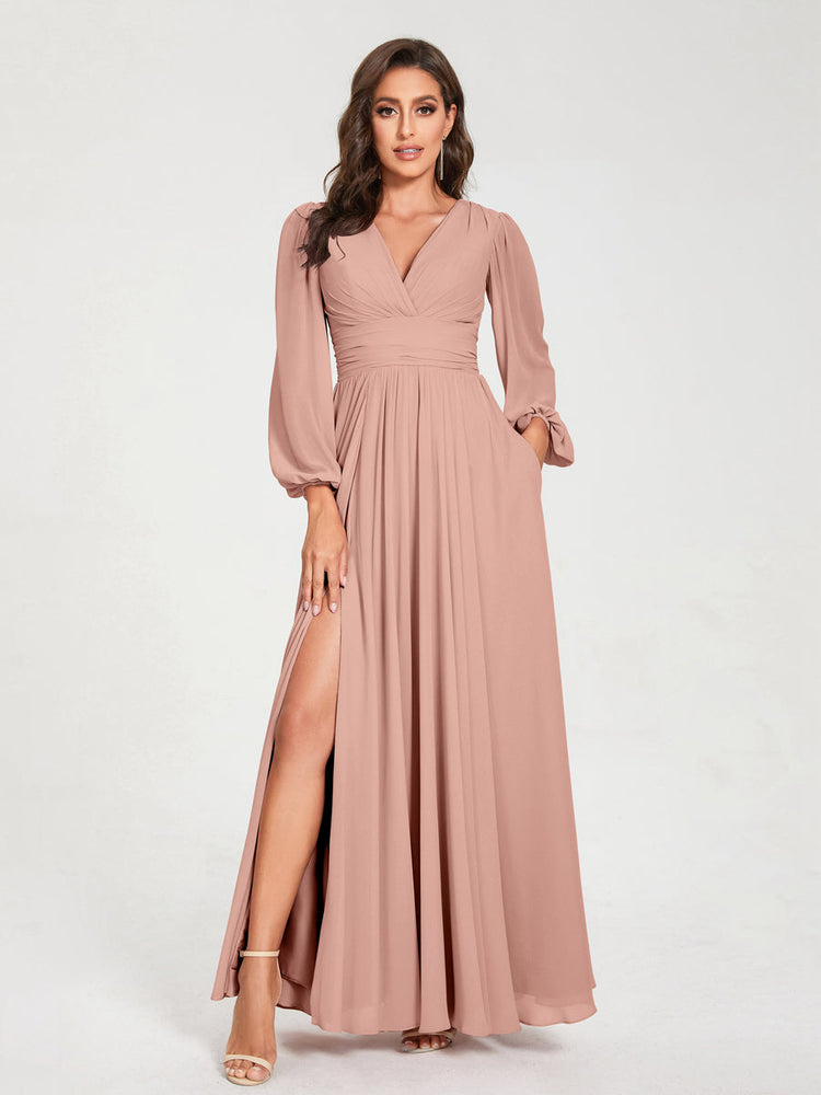 2026 Bridesmaid Dresses Chiffon A-Line V-Neck Long Sleeves Floor-Length Formal Wedding Party Evening Gowns with Split Side & Pocket, Light Pink 2026 Bridesmaid Dresses Chiffon A-Line V-Neck Long Sleeves Floor-Length Formal Wedding Party Evening Gowns with Split Side & Pocket, Light Pink