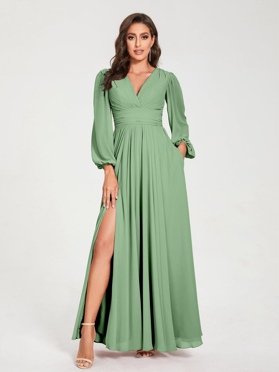 2026 Bridesmaid Dresses Chiffon A-Line V-Neck Long Sleeves Floor-Length Formal Wedding Party Evening Gowns with Split Side & Pocket, Light Pink 2026 Bridesmaid Dresses Chiffon A-Line V-Neck Long Sleeves Floor-Length Formal Wedding Party Evening Gowns with Split Side & Pocket, Light Pink