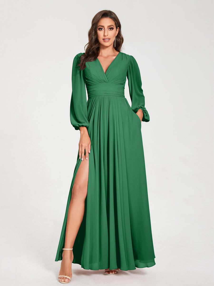 A-Line/Princess V-Neck Long Sleeves Floor-Length Bridesmaid Dresses with Pockets & Split Side