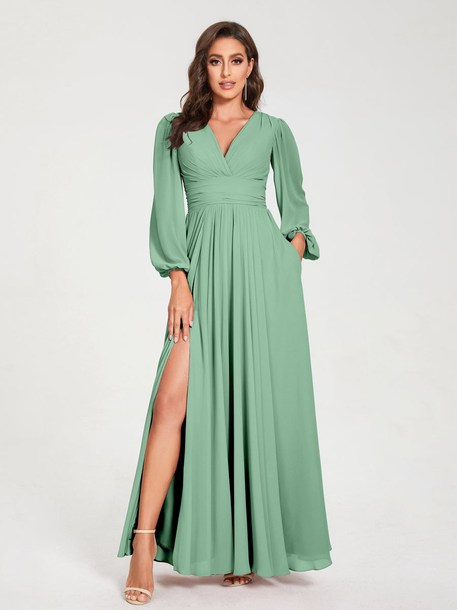 2026 Bridesmaid Dresses Chiffon A-Line V-Neck Long Sleeves Floor-Length Formal Wedding Party Evening Gowns with Split Side & Pocket, Light Pink 2026 Bridesmaid Dresses Chiffon A-Line V-Neck Long Sleeves Floor-Length Formal Wedding Party Evening Gowns with Split Side & Pocket, Light Pink
