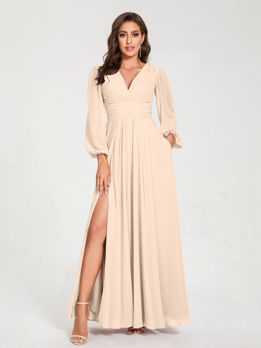 A-Line/Princess V-Neck Long Sleeves Floor-Length Bridesmaid Dresses wi - Mondressy A-Line/Princess V-Neck Long Sleeves Floor-Length Bridesmaid Dresses wi - Mondressy