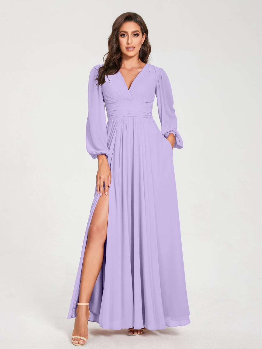 Princess Plum Long Bridesmaid Dresses A-Line/Princess V-Neck Long Sleeves Floor-Length Bridesmaid Dresses Princess Plum Long Bridesmaid Dresses A-Line/Princess V-Neck Long Sleeves Floor-Length Bridesmaid Dresses