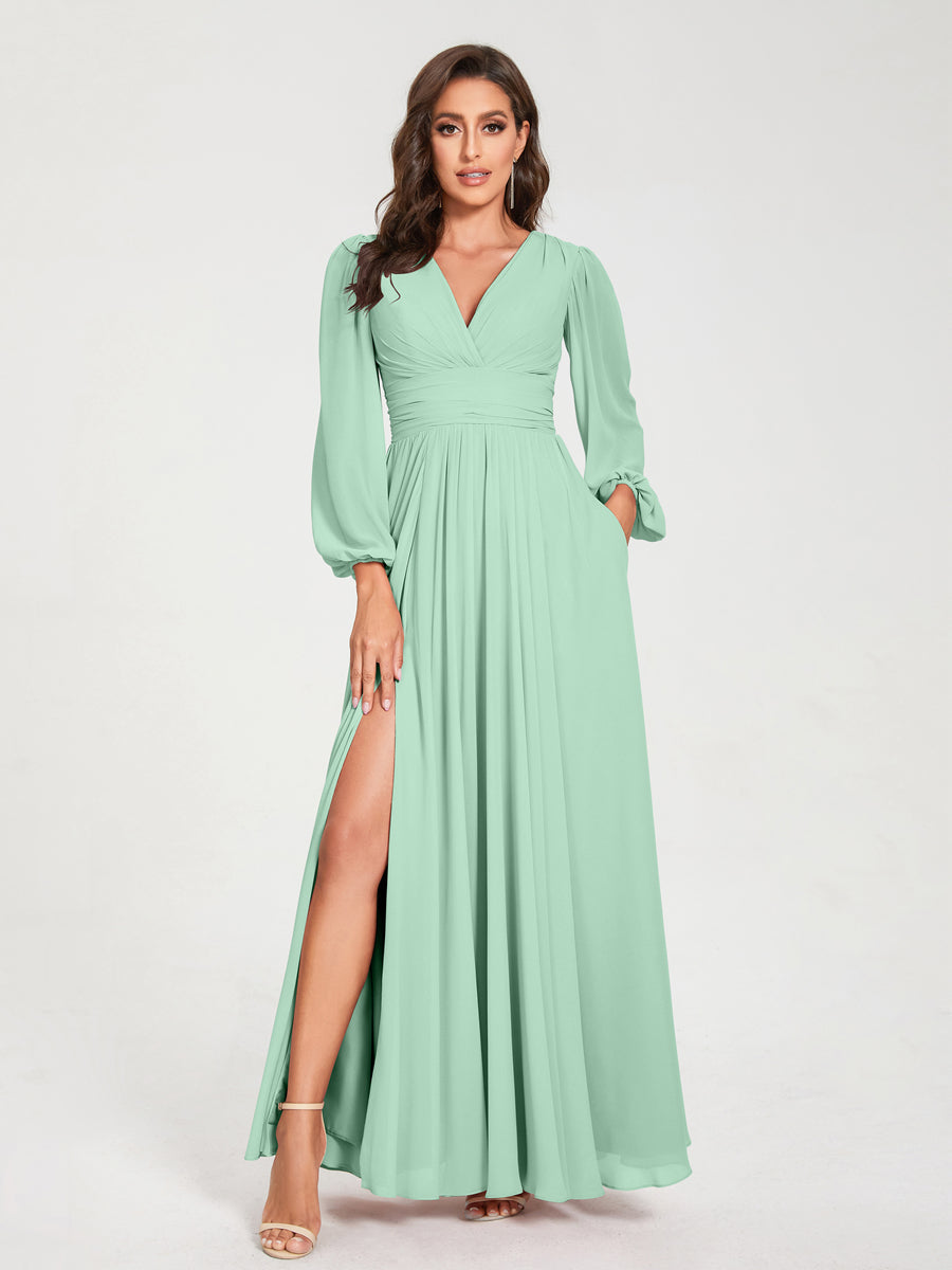 2026 Bridesmaid Dresses Chiffon A-Line V-Neck Long Sleeves Floor-Length Formal Wedding Party Evening Gowns with Split Side & Pocket, Light Pink 2026 Bridesmaid Dresses Chiffon A-Line V-Neck Long Sleeves Floor-Length Formal Wedding Party Evening Gowns with Split Side & Pocket, Light Pink