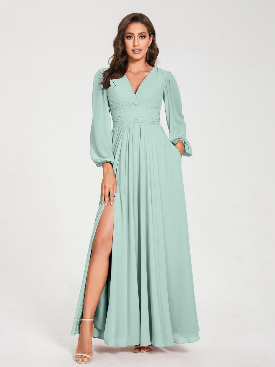 2026 Bridesmaid Dresses Chiffon A-Line V-Neck Long Sleeves Floor-Length Formal Wedding Party Evening Gowns with Split Side & Pocket, Light Pink 2026 Bridesmaid Dresses Chiffon A-Line V-Neck Long Sleeves Floor-Length Formal Wedding Party Evening Gowns with Split Side & Pocket, Light Pink