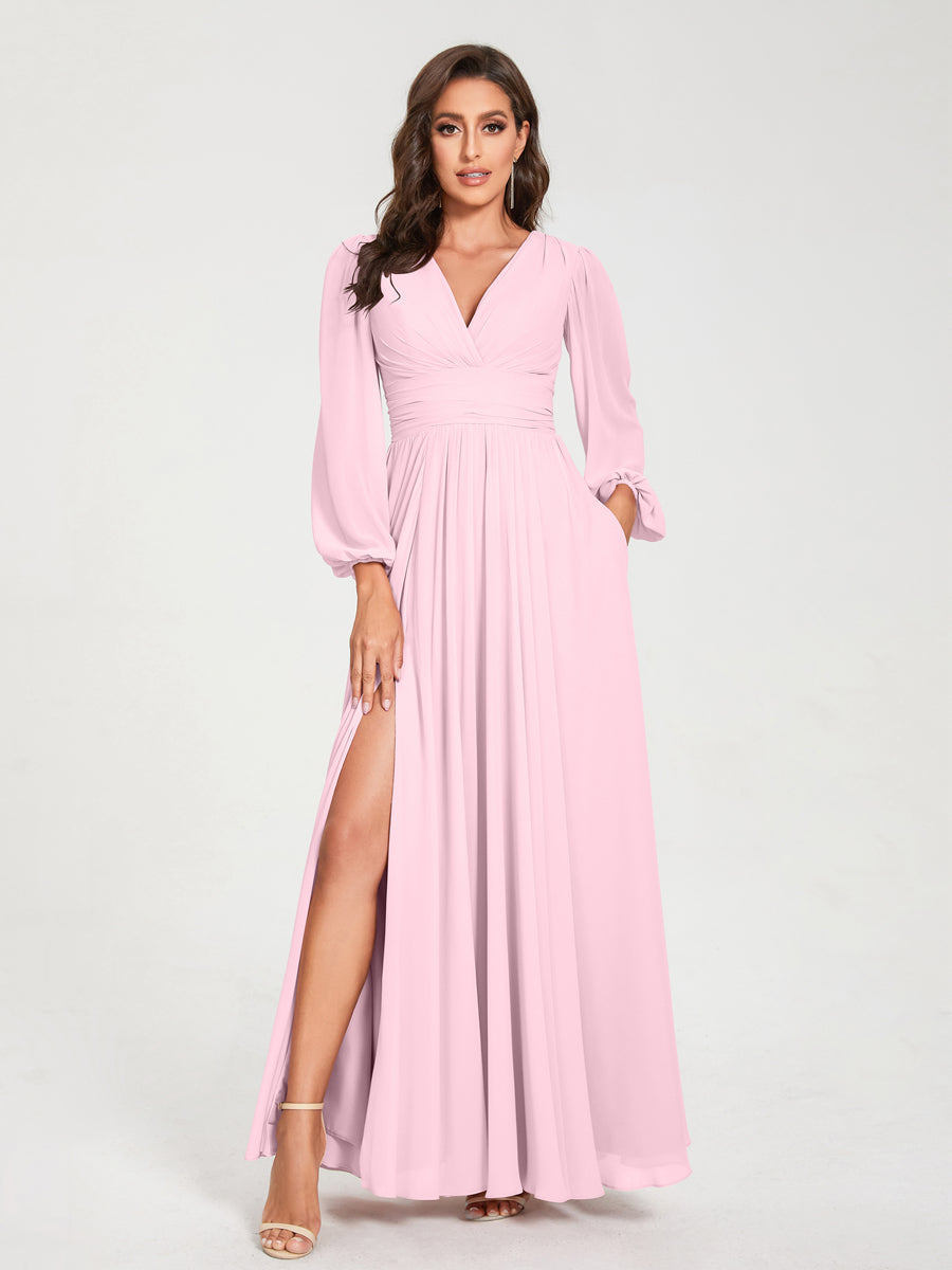 Long Sleeve Dirty Pink Bridesmaid Dresses 2026 Bridesmaid Dresses Chiffon A-Line V-Neck Long Sleeves Floor-Length Formal Wedding Party Evening Gowns With Split Side Pocket, Light Pink