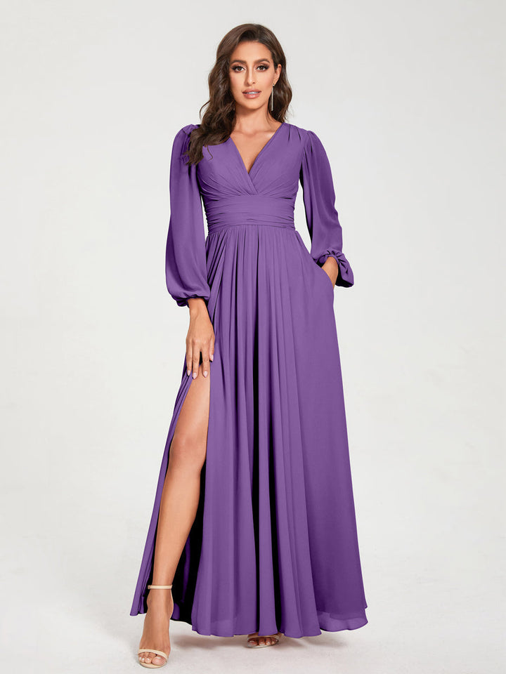 A-Line/Princess V-Neck Long Sleeves Floor-Length Bridesmaid Dresses with Pockets & Split Side