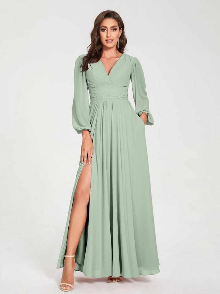 2026 Bridesmaid Dresses Chiffon A-Line V-Neck Long Sleeves Floor-Length Formal Wedding Party Evening Gowns with Split Side & Pocket, Light Pink 2026 Bridesmaid Dresses Chiffon A-Line V-Neck Long Sleeves Floor-Length Formal Wedding Party Evening Gowns with Split Side & Pocket, Light Pink