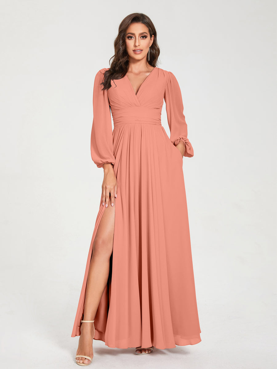 A-Line/Princess V-Neck Long Sleeves Floor-Length Bridesmaid Dresses with Pockets & Split Side Salmon A-Line/Princess V-Neck Long Sleeves Floor-Length Bridesmaid Dresses with Pockets & Split Side Salmon