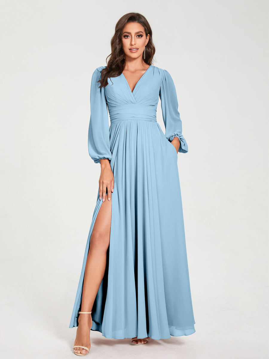 A-Line/Princess V-Neck Long Sleeves Floor-Length Bridesmaid Dresses with Pockets & Split Side Sky Blue