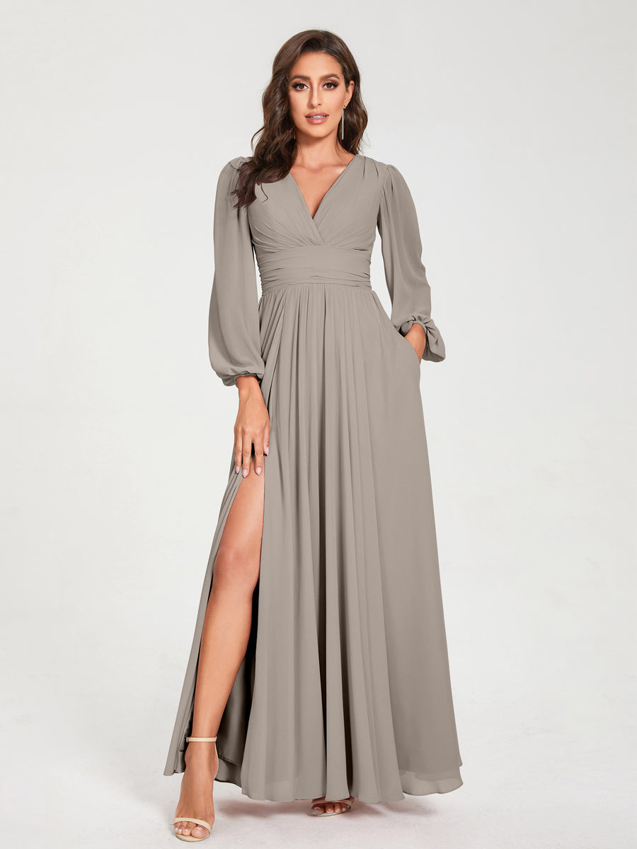 A-Line/Princess V-Neck Long Sleeves Floor-Length Bridesmaid Dresses with Pockets & Split Side