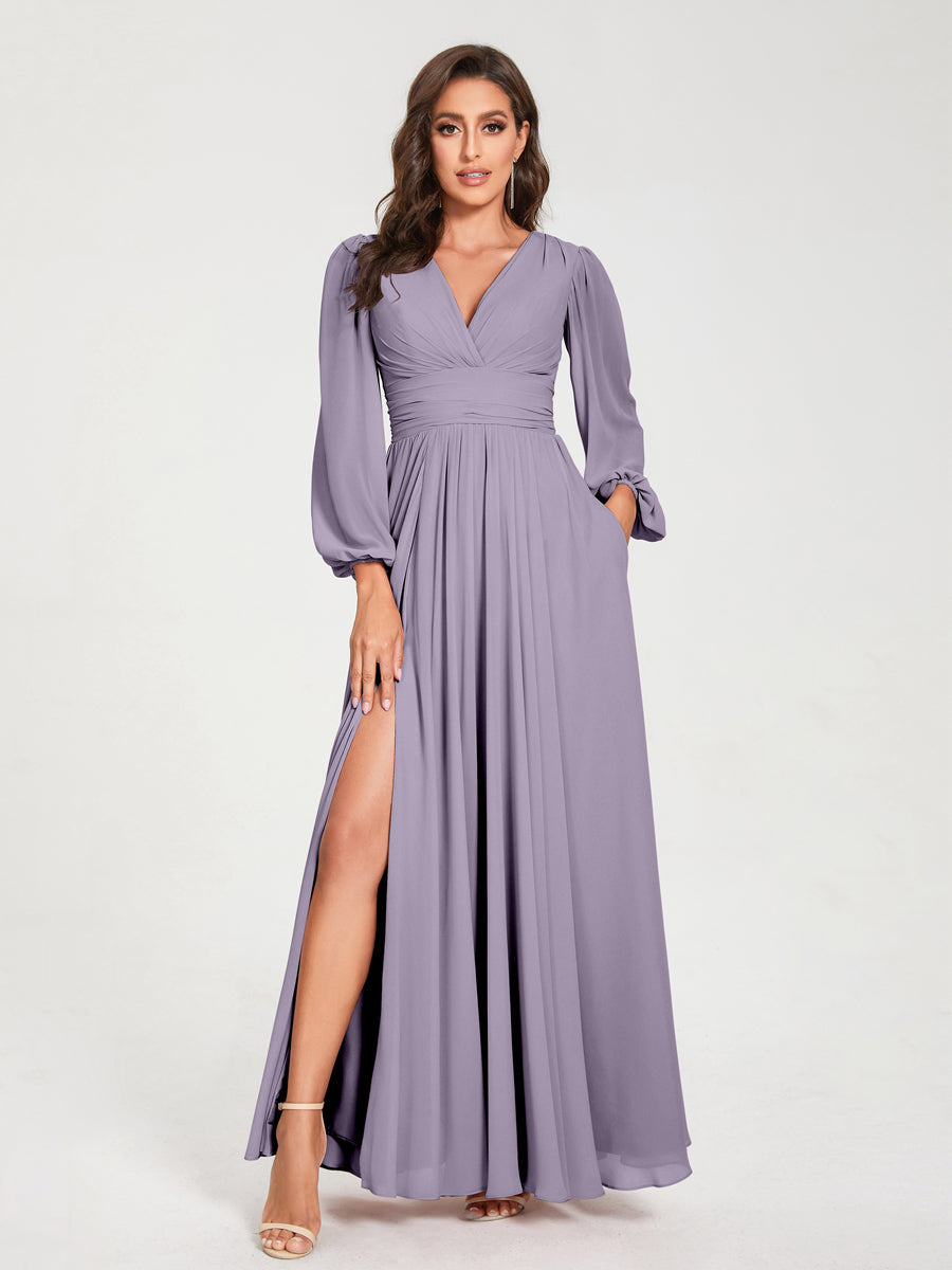 A-Line/Princess V-Neck Long Sleeves Floor-Length Bridesmaid Dresses with Pockets & Split Side Wisteria A-Line/Princess V-Neck Long Sleeves Floor-Length Bridesmaid Dresses with Pockets & Split Side Wisteria