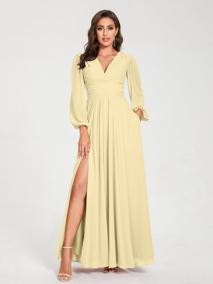 2026 Bridesmaid Dresses Chiffon A-Line V-Neck Long Sleeves Floor-Length Formal Wedding Party Evening Gowns with Split Side & Pocket, Light Pink 2026 Bridesmaid Dresses Chiffon A-Line V-Neck Long Sleeves Floor-Length Formal Wedding Party Evening Gowns with Split Side & Pocket, Light Pink