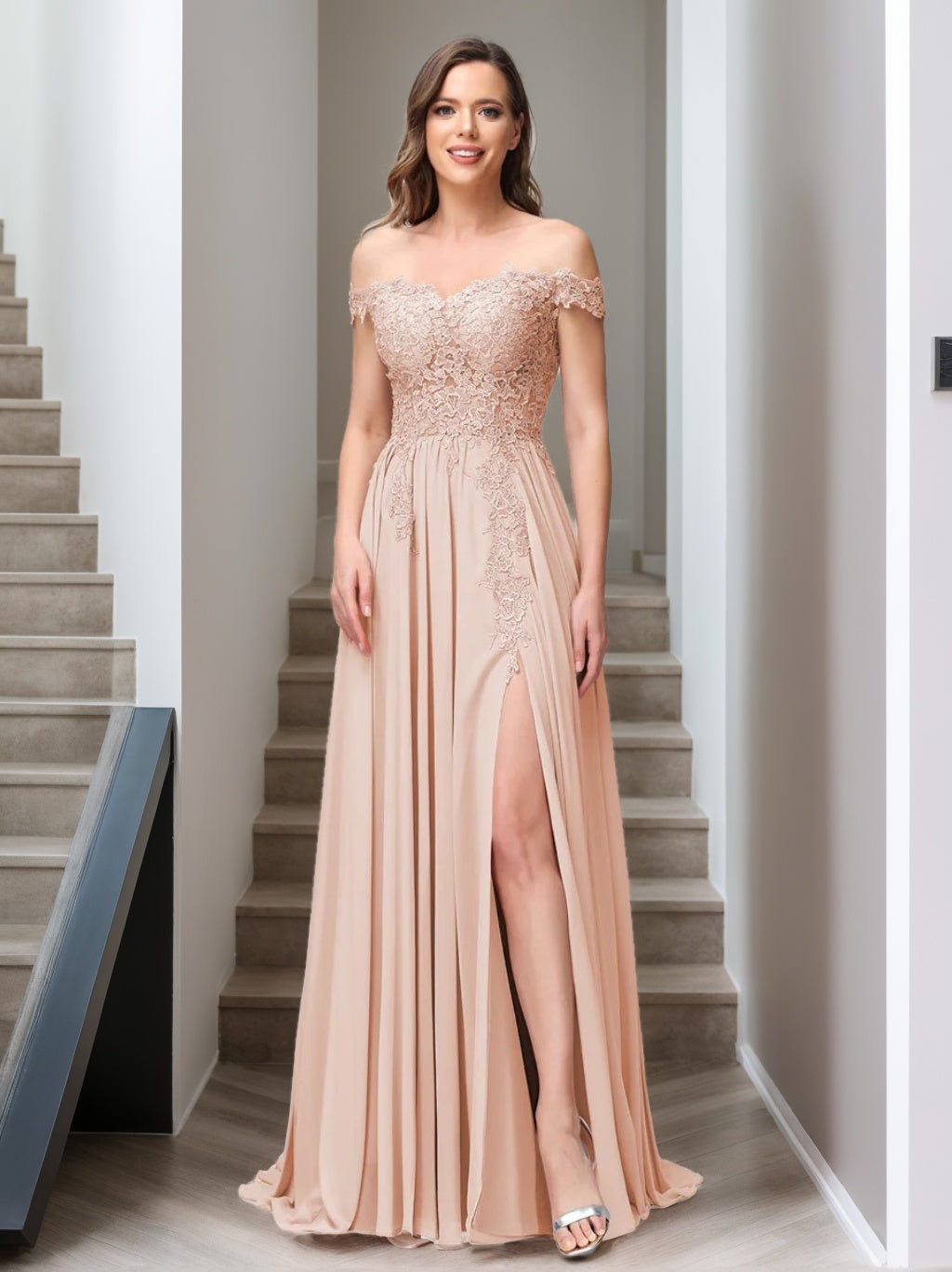 A-Line/Princess Off-the-Shoulder Sleeveless Long Bridesmaid Dresses with Side Slit & Appliqued