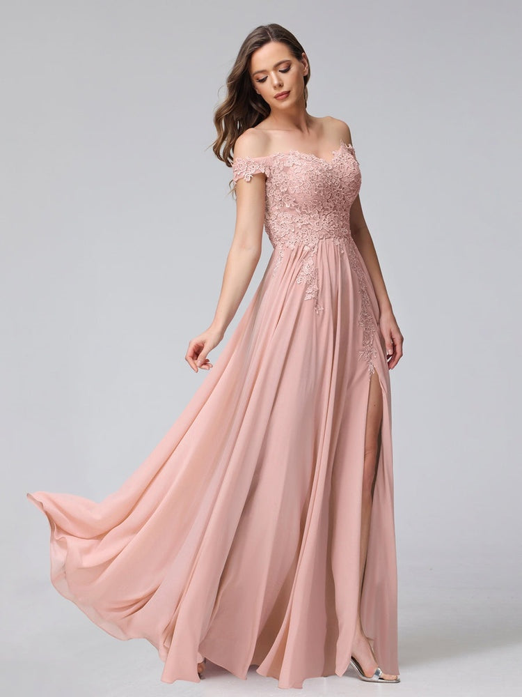 A-Line/Princess Off-the-Shoulder Sleeveless Long Bridesmaid Dresses with Side Slit & Appliqued