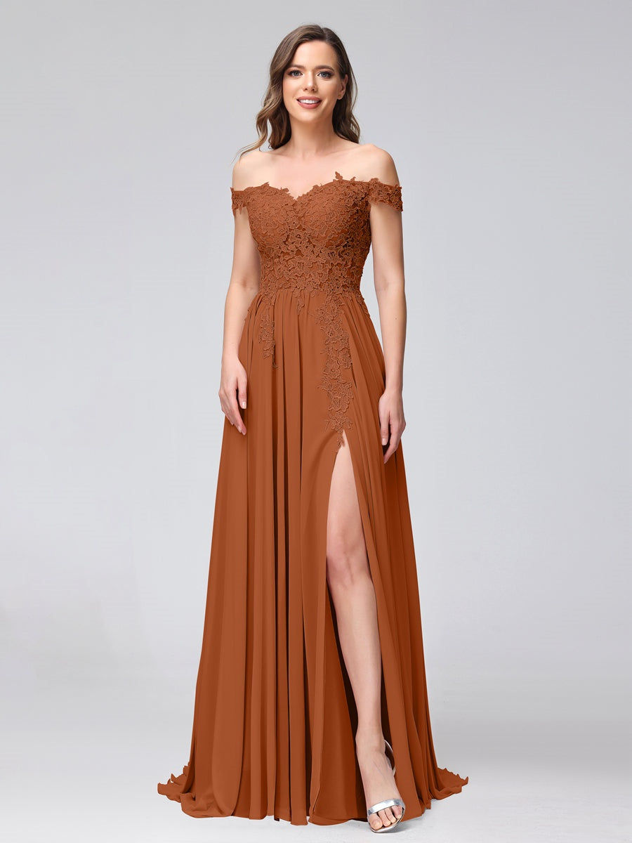 A-Line/Princess Off-the-Shoulder Sleeveless Long Bridesmaid Dresses with Side Slit & Appliqued