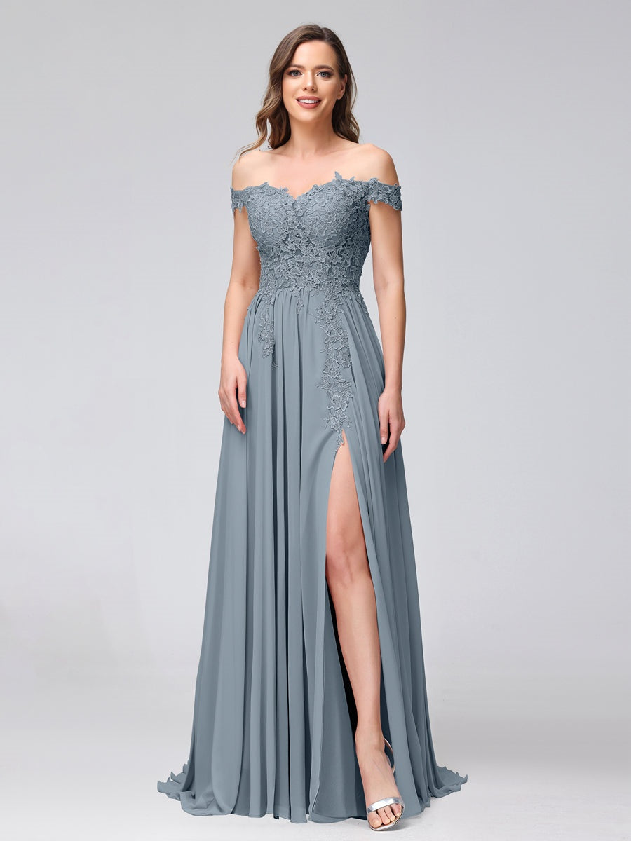 A-Line/Princess Off-the-Shoulder Sleeveless Long Bridesmaid Dresses with Side Slit & Appliqued