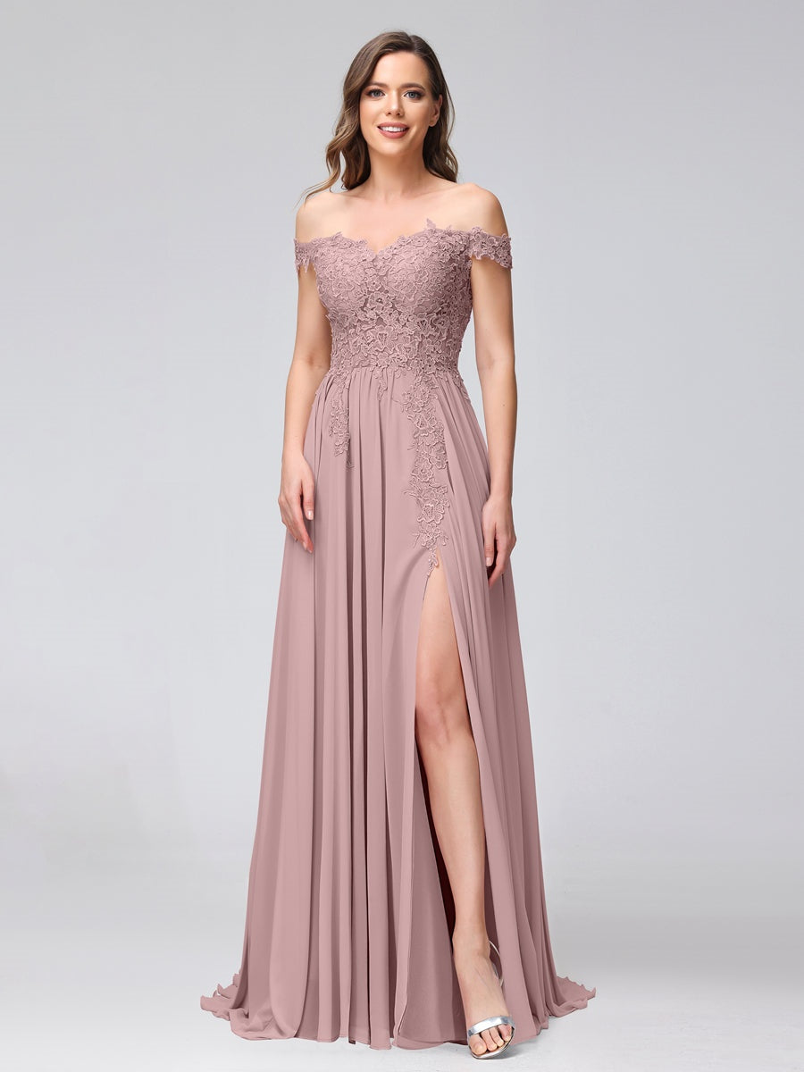 A-Line/Princess Off-the-Shoulder Sleeveless Long Bridesmaid Dresses with Side Slit & Appliqued