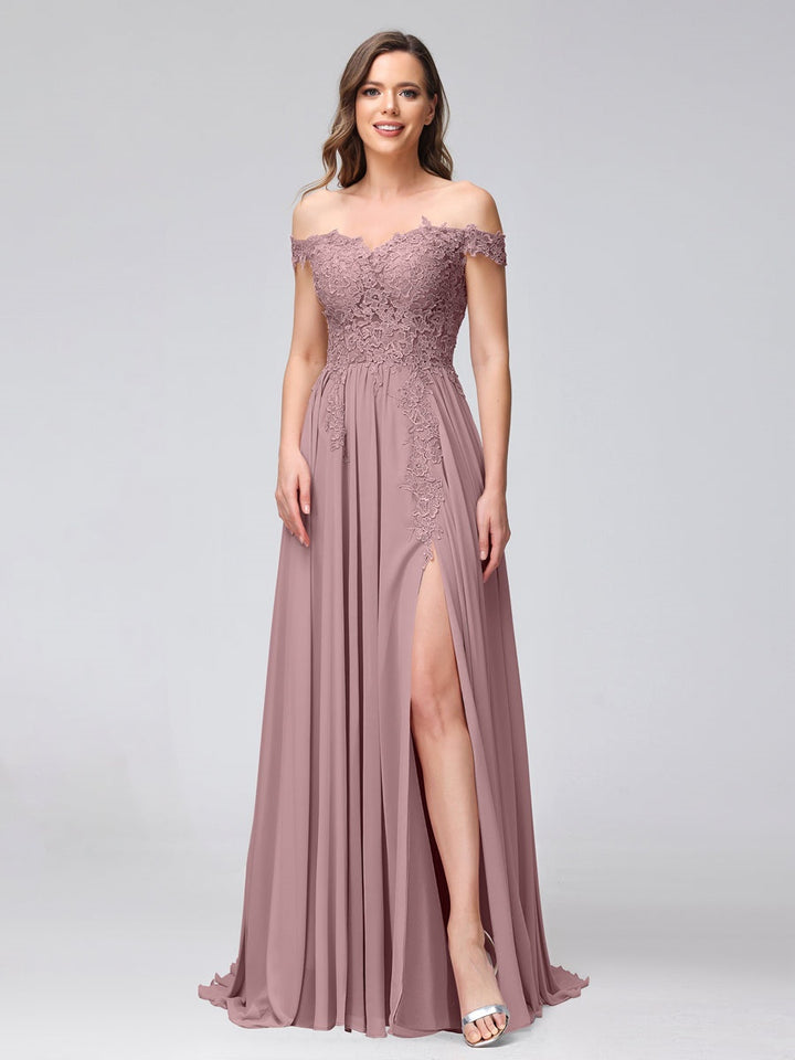 A-Line/Princess Off-the-Shoulder Sleeveless Long Bridesmaid Dresses with Side Slit & Appliqued