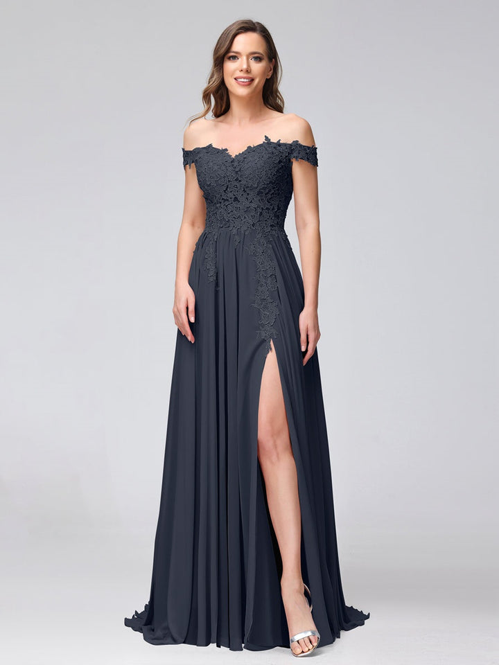 A-Line/Princess Off-the-Shoulder Sleeveless Long Bridesmaid Dresses with Side Slit & Appliqued