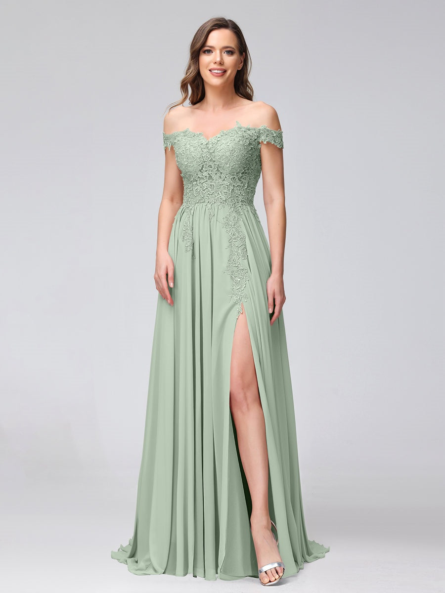 A-Line/Princess Off-the-Shoulder Sleeveless Long Bridesmaid Dresses with Side Slit & Appliqued