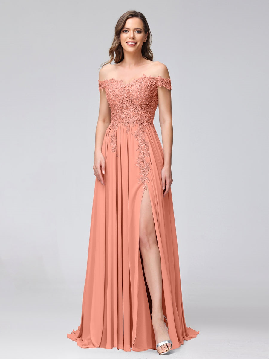 A-Line/Princess Off-the-Shoulder Sleeveless Long Bridesmaid Dresses with Side Slit & Appliqued