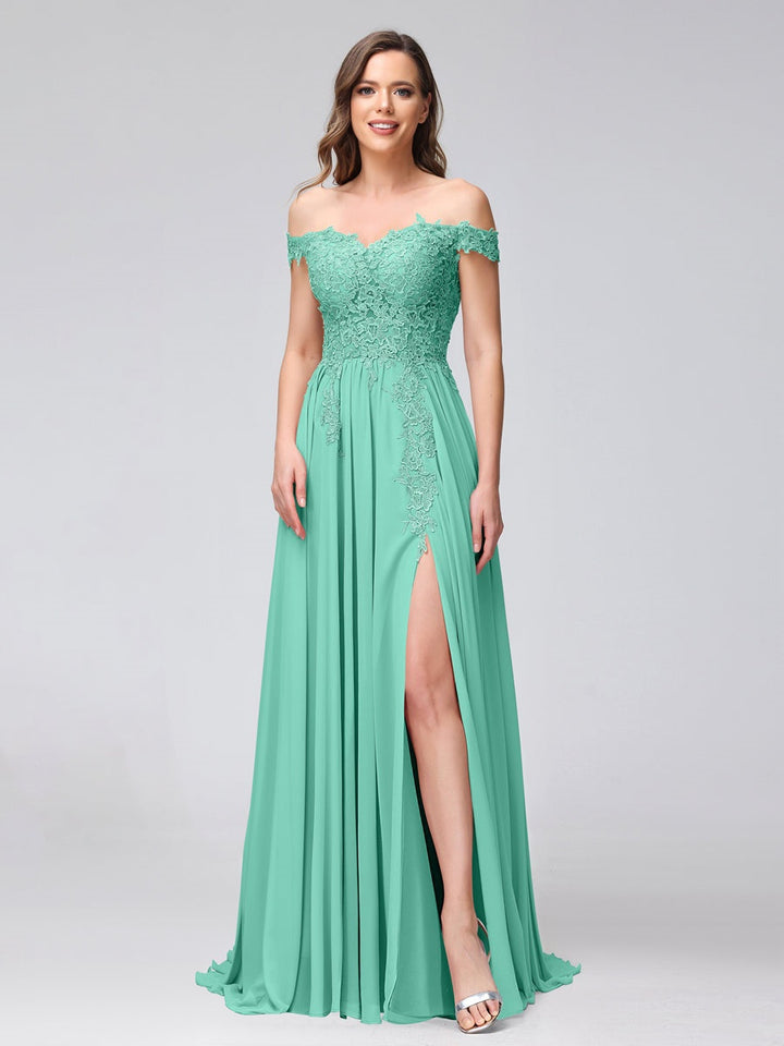 A-Line/Princess Off-the-Shoulder Sleeveless Long Bridesmaid Dresses with Side Slit & Appliqued