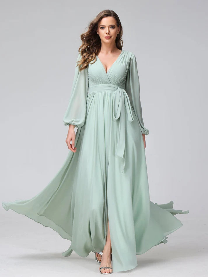 A-Line/Princess V-Neck Long Sleeves Chiffon Long Bridesmaid Dresses With Ruffles Split Side