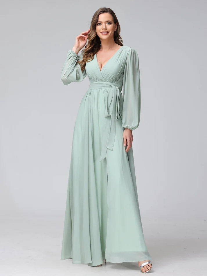 A-Line/Princess V-Neck Long Sleeves Chiffon Long Bridesmaid Dresses With Ruffles Split Side