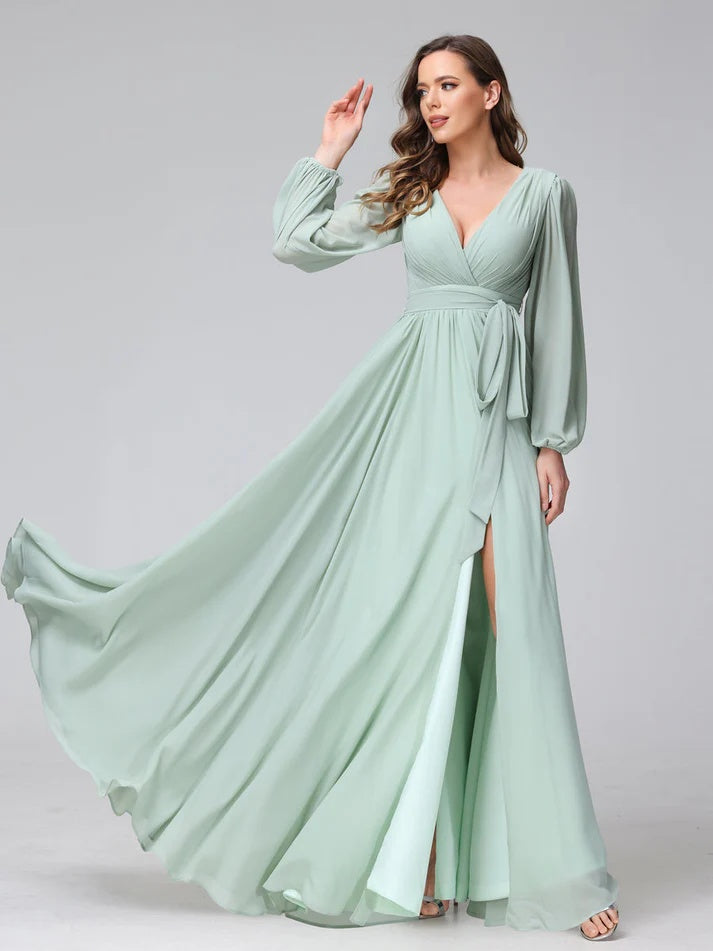 A-Line/Princess V-Neck Long Sleeves Chiffon Long Bridesmaid Dresses With Ruffles Split Side
