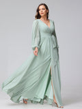 A-Line V-Neck Long Sleeves Chiffon Long Bridesmaid Dresses With Ruffles Split Side