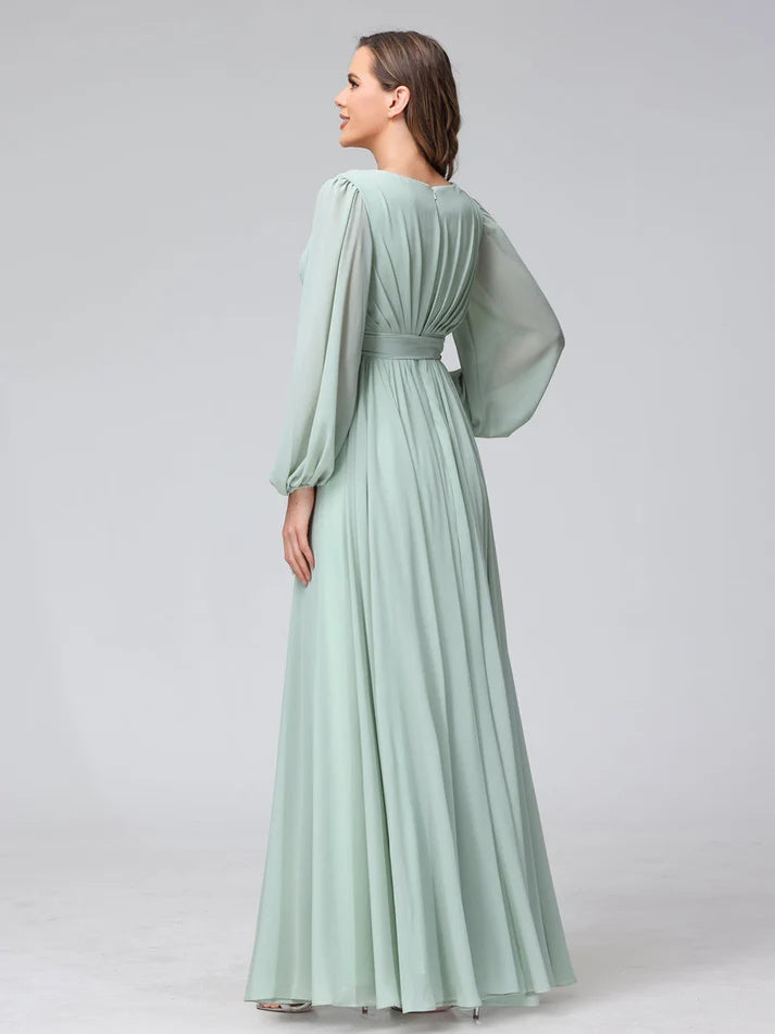 A-Line/Princess V-Neck Long Sleeves Chiffon Long Bridesmaid Dresses With Ruffles Split Side