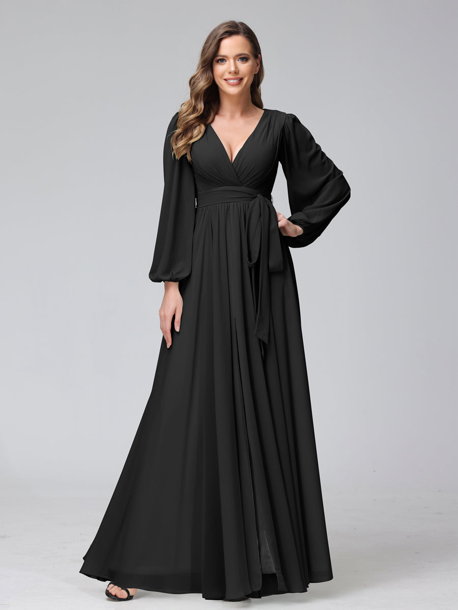 A-Line/Princess V-Neck Long Sleeves Chiffon Long Bridesmaid Dresses With Ruffles Split Side