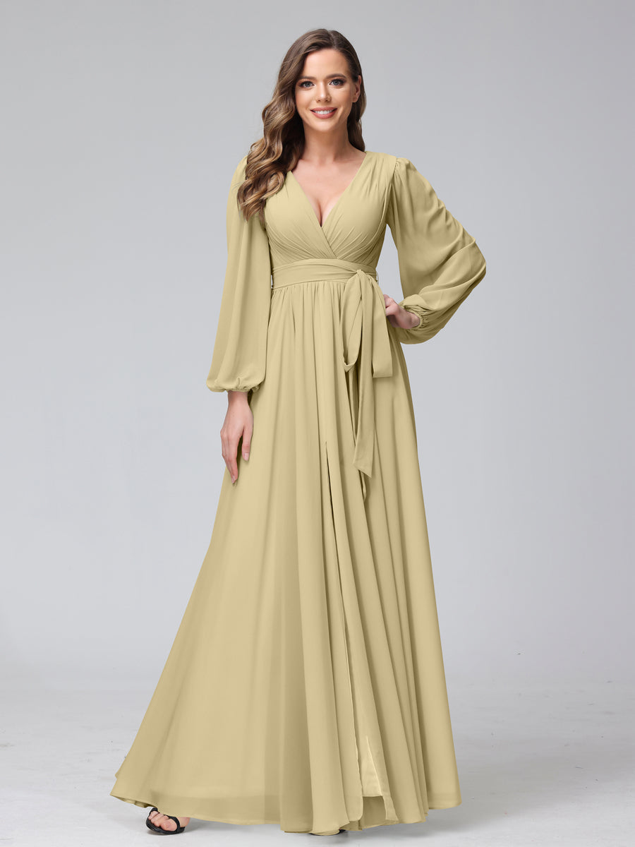 A-Line/Princess V-Neck Long Sleeves Chiffon Long Bridesmaid Dresses With Ruffles Split Side Champagne A-Line/Princess V-Neck Long Sleeves Chiffon Long Bridesmaid Dresses With Ruffles Split Side Champagne