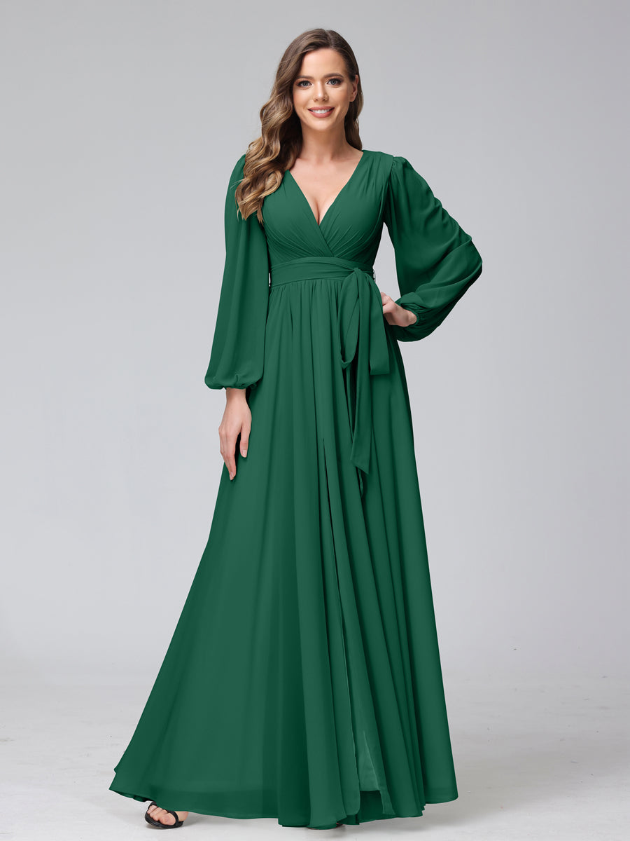 A-Line/Princess V-Neck Long Sleeves Chiffon Long Bridesmaid Dresses With Ruffles Split Side