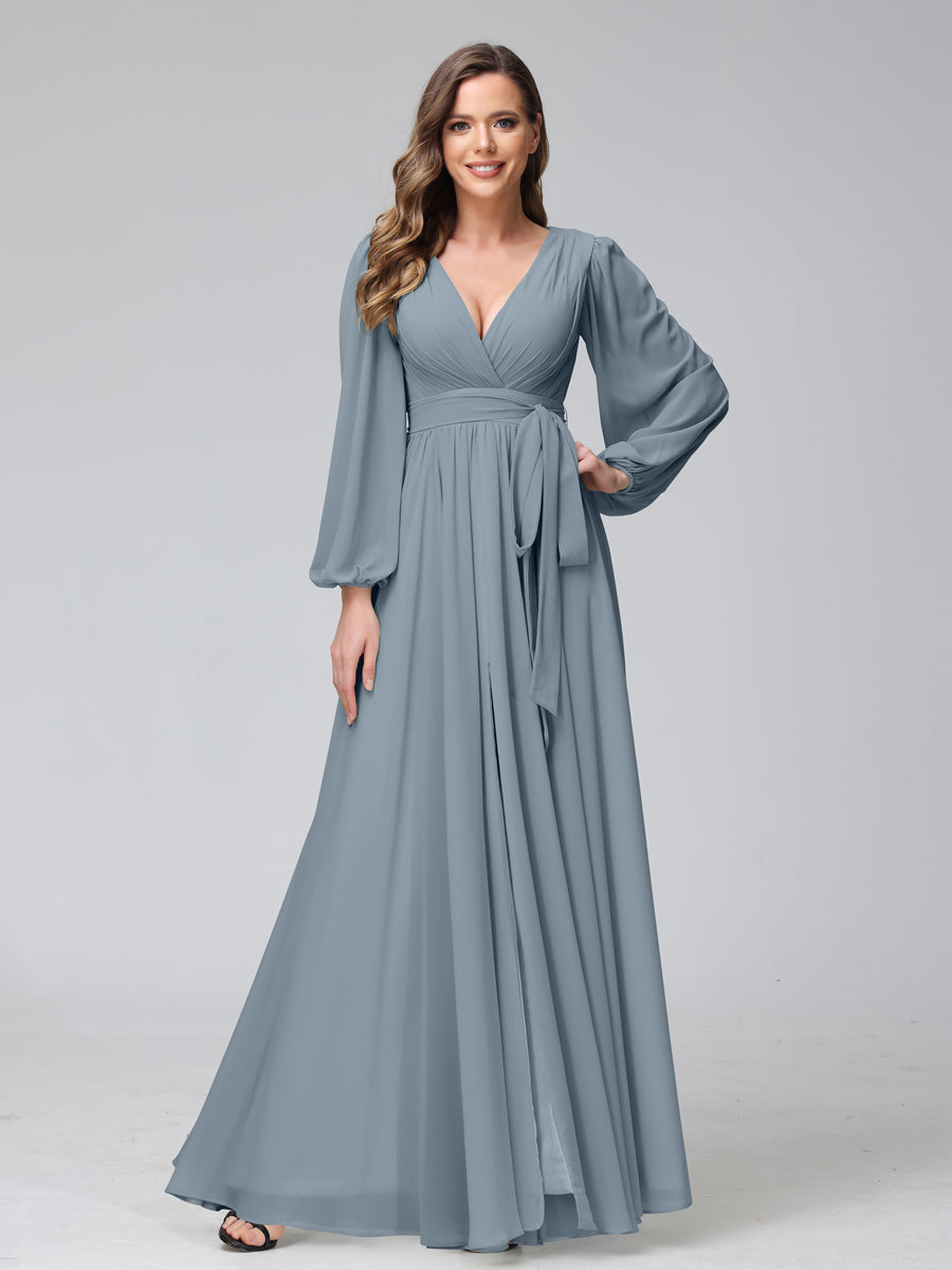 A-Line/Princess V-Neck Long Sleeves Chiffon Long Bridesmaid Dresses With Ruffles Split Side