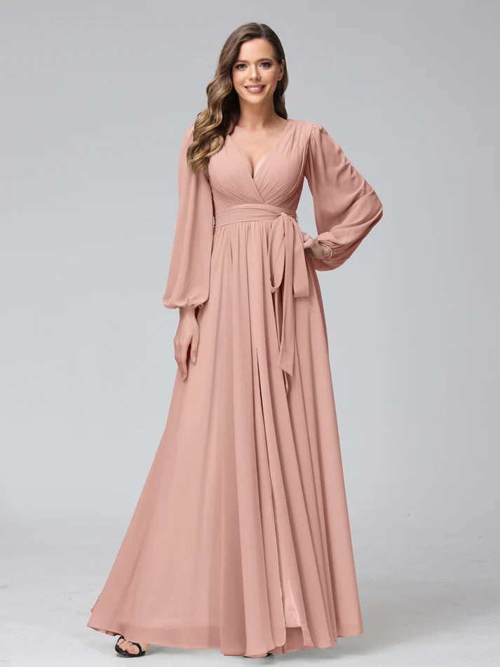 A-Line/Princess V-Neck Long Sleeves Chiffon Long Bridesmaid Dresses With Ruffles Split Side