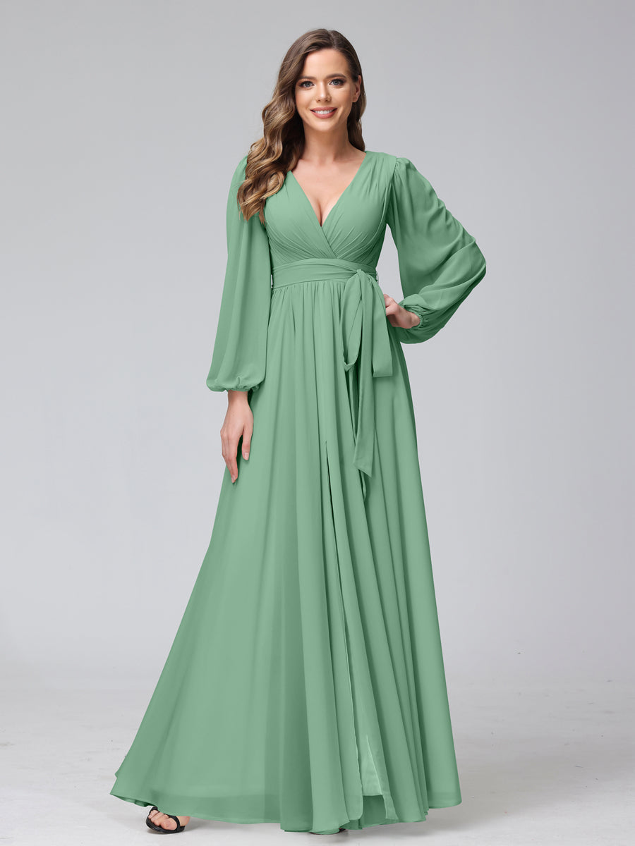 A-Line V-Neck Long Sleeves Chiffon Long Bridesmaid Dresses With Ruffles Split Side