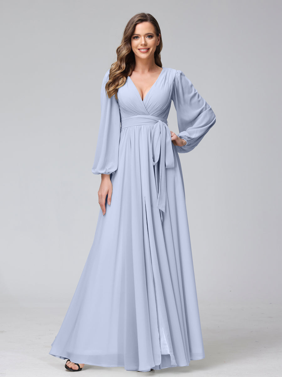 A-Line/Princess V-Neck Long Sleeves Chiffon Long Bridesmaid Dresses With Ruffles Split Side Lavender A-Line/Princess V-Neck Long Sleeves Chiffon Long Bridesmaid Dresses With Ruffles Split Side Lavender