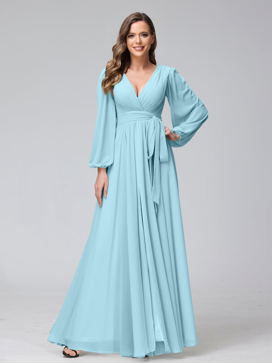 A-Line/Princess V-Neck Long Sleeves Chiffon Long Bridesmaid Dresses With Ruffles Split Side Light Sky Blue A-Line/Princess V-Neck Long Sleeves Chiffon Long Bridesmaid Dresses With Ruffles Split Side Light Sky Blue