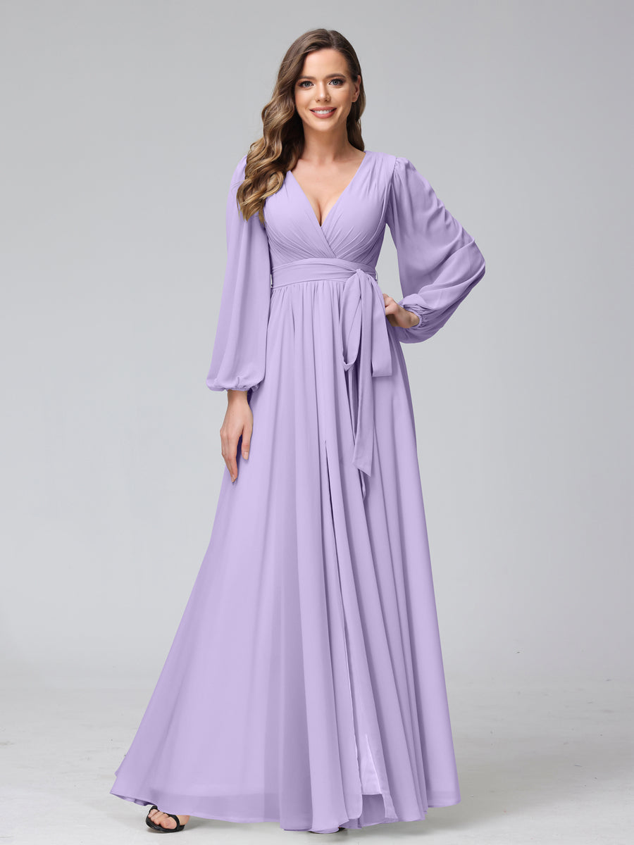 A-Line/Princess V-Neck Long Sleeves Chiffon Long Bridesmaid Dresses With Ruffles Split Side Lilac A-Line/Princess V-Neck Long Sleeves Chiffon Long Bridesmaid Dresses With Ruffles Split Side Lilac