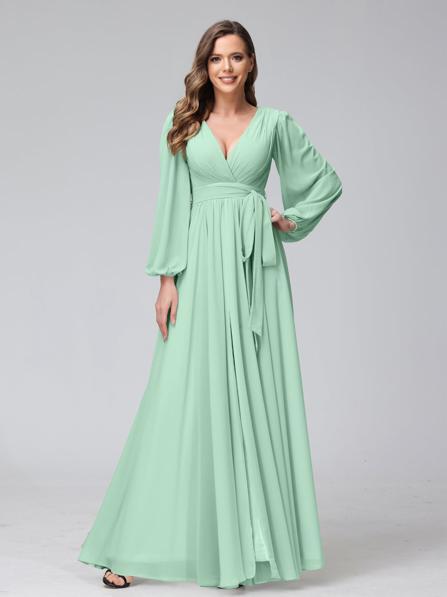 A-Line/Princess V-Neck Long Sleeves Chiffon Long Bridesmaid Dresses With Ruffles Split Side Royal Blue A-Line/Princess V-Neck Long Sleeves Chiffon Long Bridesmaid Dresses With Ruffles Split Side Royal Blue