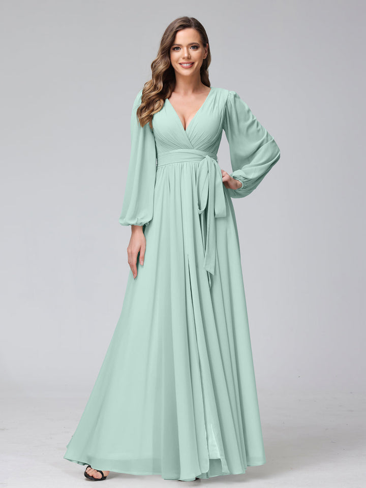 A-Line V-Neck Long Sleeves Chiffon Long Bridesmaid Dresses With Ruffles Split Side