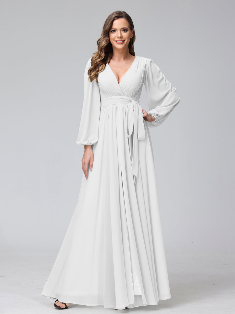 A-Line/Princess V-Neck Long Sleeves Chiffon Long Bridesmaid Dresses With Ruffles Split Side Royal Blue A-Line/Princess V-Neck Long Sleeves Chiffon Long Bridesmaid Dresses With Ruffles Split Side Royal Blue