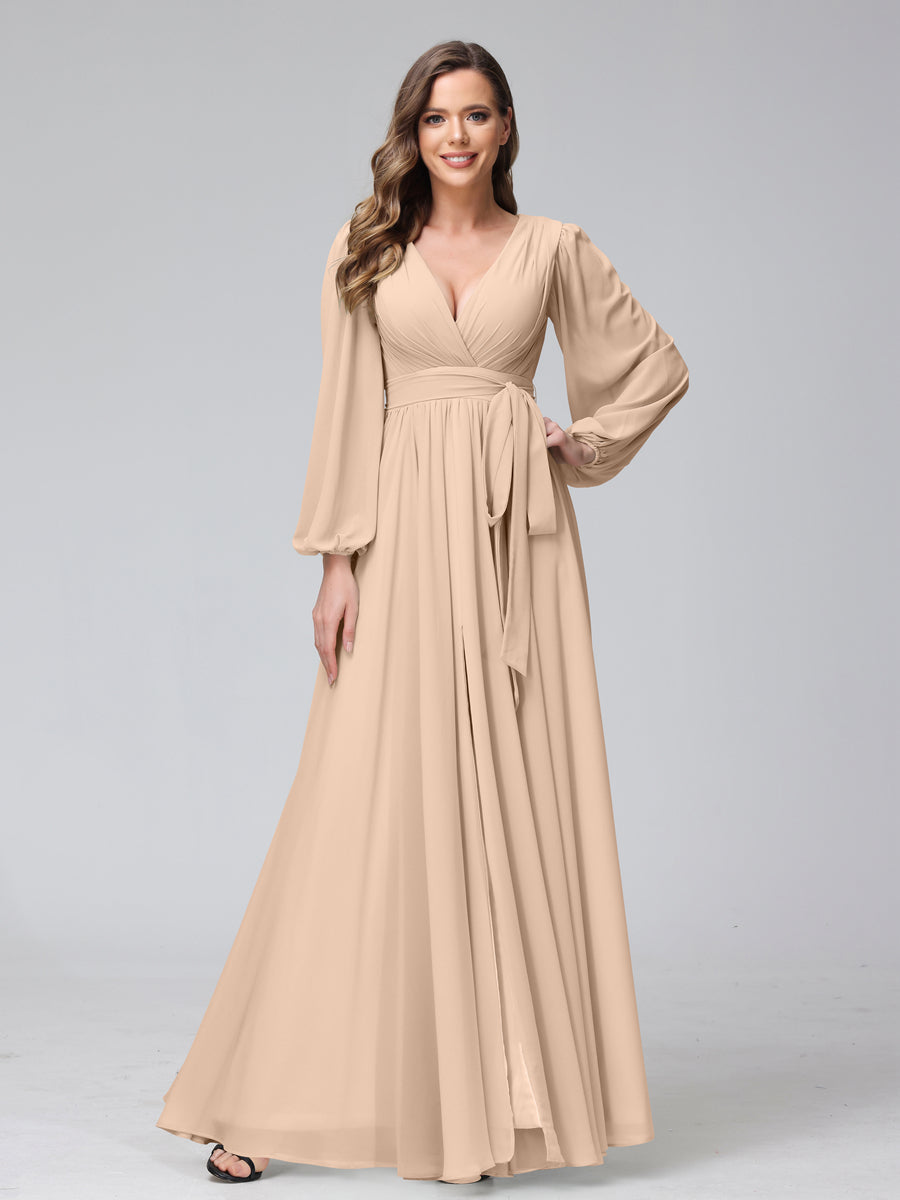 A-Line/Princess V-Neck Long Sleeves Chiffon Long Bridesmaid Dresses With Ruffles Split Side Peach Pink A-Line/Princess V-Neck Long Sleeves Chiffon Long Bridesmaid Dresses With Ruffles Split Side Peach Pink