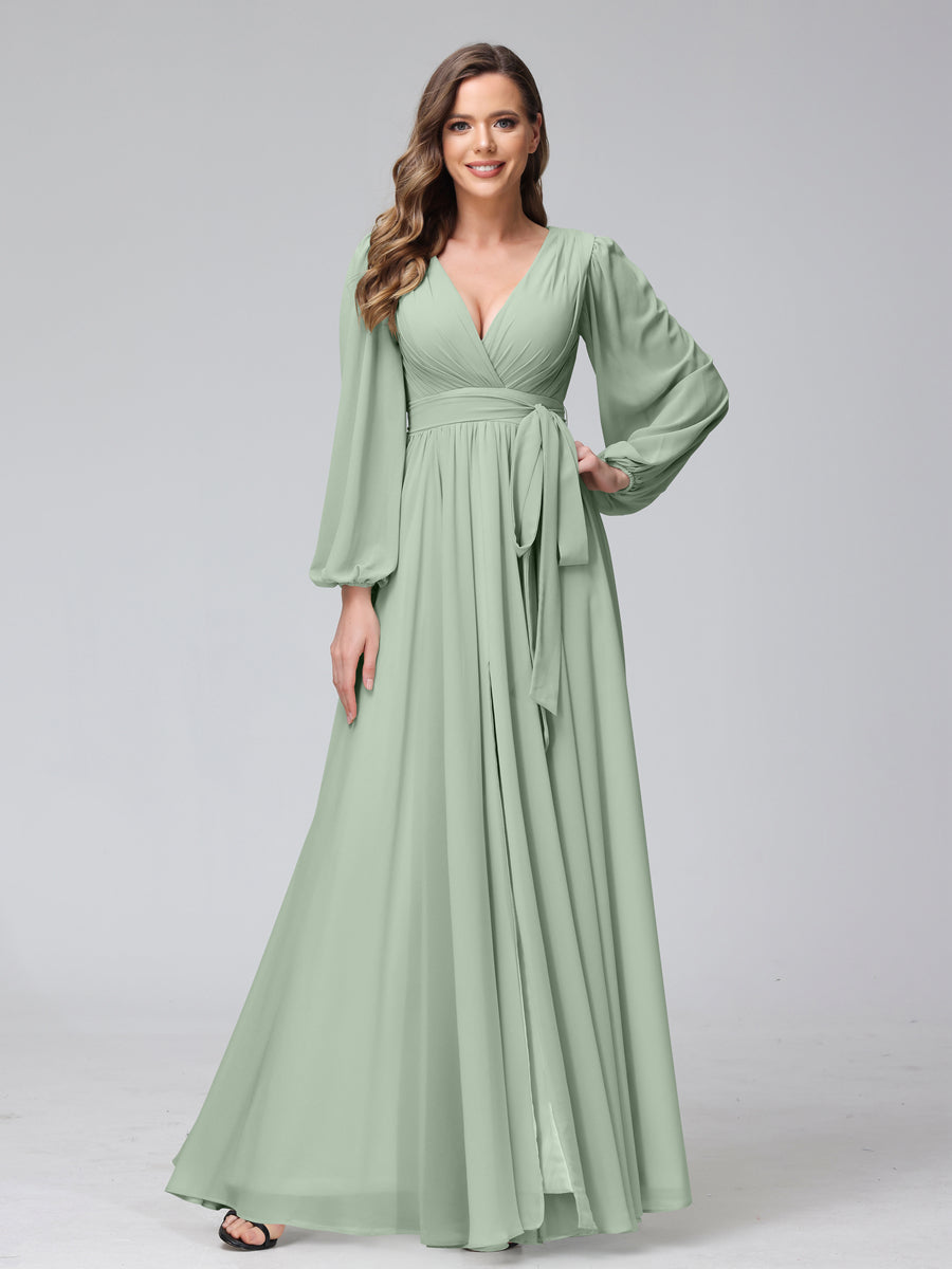 A-Line/Princess V-Neck Long Sleeves Chiffon Long Bridesmaid Dresses With Ruffles Split Side