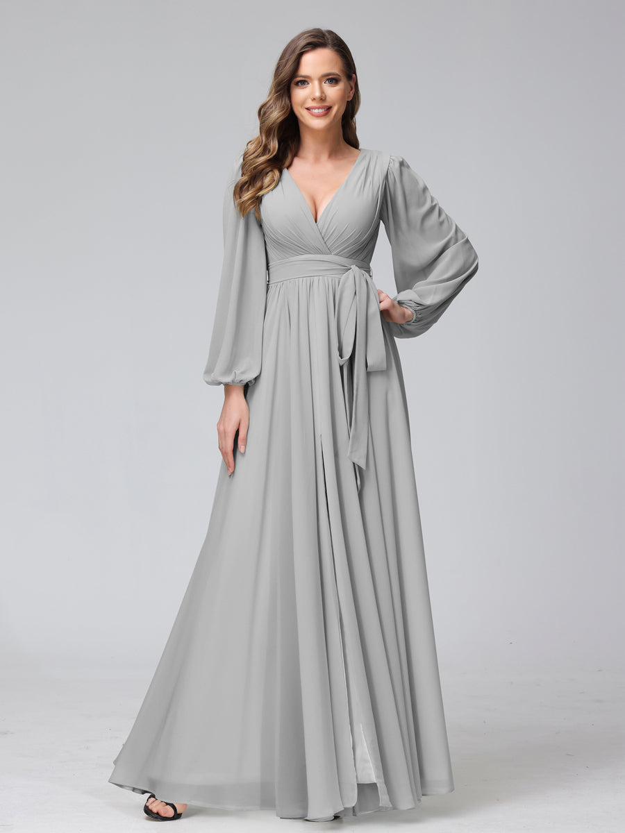 A-Line/Princess V-Neck Long Sleeves Chiffon Long Bridesmaid Dresses With Ruffles Split Side Royal Blue A-Line/Princess V-Neck Long Sleeves Chiffon Long Bridesmaid Dresses With Ruffles Split Side Royal Blue